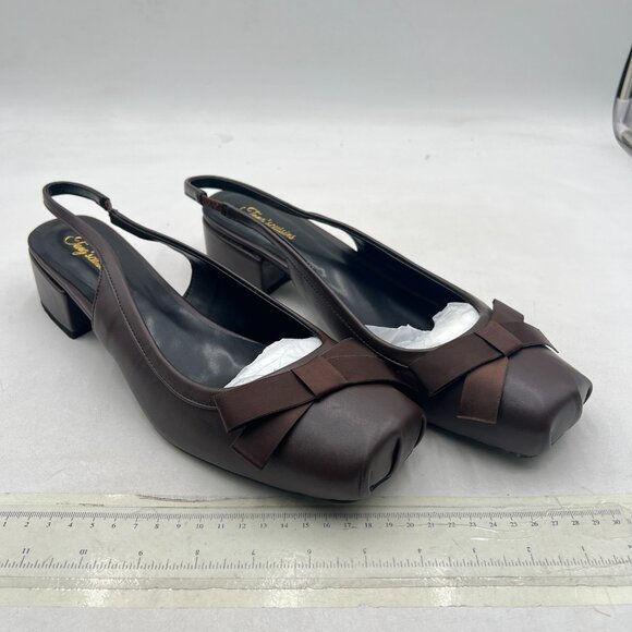 Tang'scuisins Brown Slingback Bow Knot Sandals Square Toe Block Low Heels Pump - Picture 4 of 8